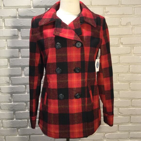 New Old Navy Red & Black Buffalo Plaid Wool Coat Small Petite - Picture 3 of 8